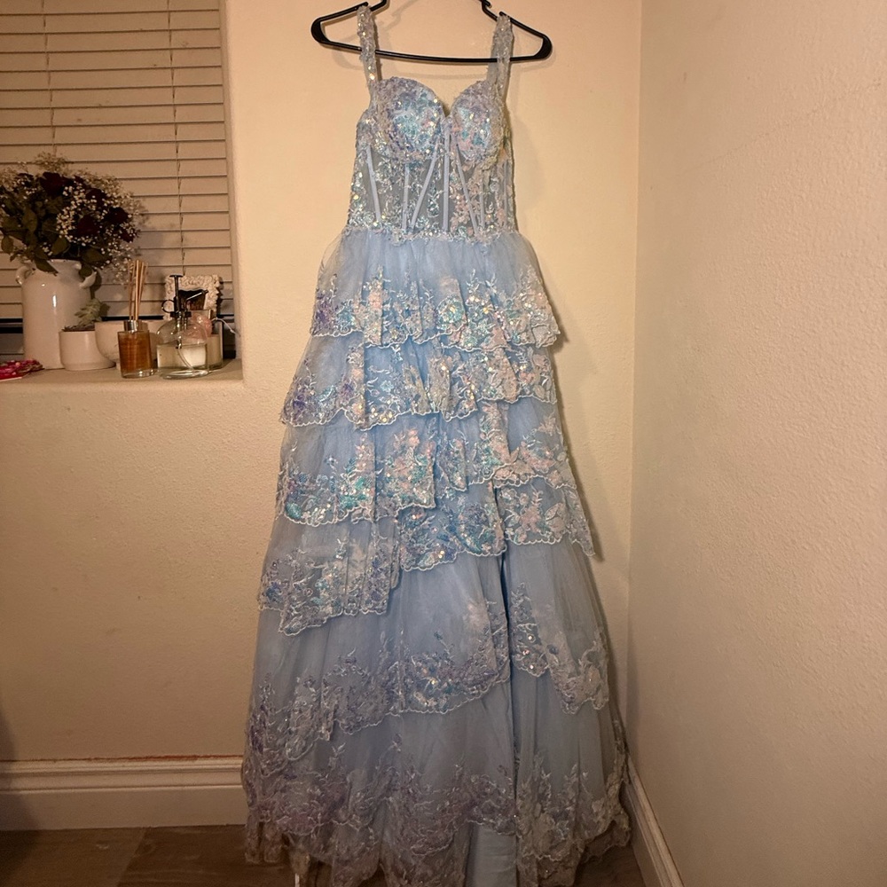 Stacees Light blue sparkly ruffle dress ( sherri hill 55500 knock off!)